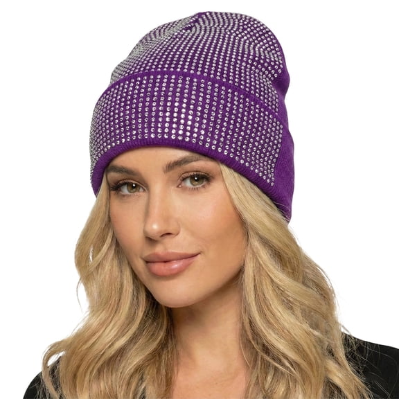 AWZXDE Beanie Hats For Women Rhinestone Winter Knitted Wool Cap Warm Sparkly Detailed Cold Weather Slouchy Hat Purple
