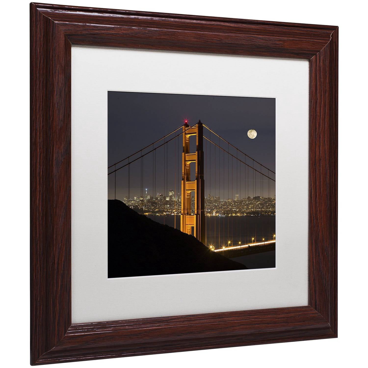 Trademark Fine Art "Golden Gate and Moon" Canvas Art by Moises Levy White Matte, Wood Frame