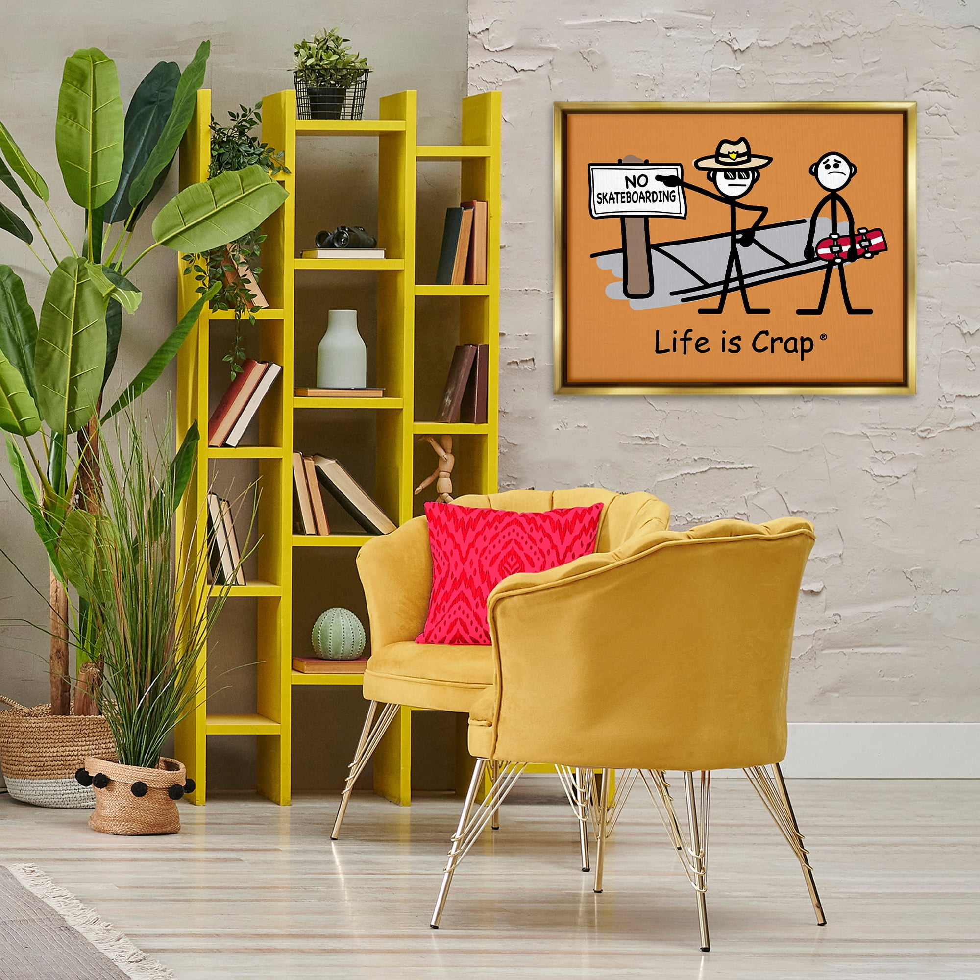 Stupell Industries No Skateboarding Sign Novelty & Humor Painting Gold Floater Framed Canvas Art Print Wall Art, 31 x 25