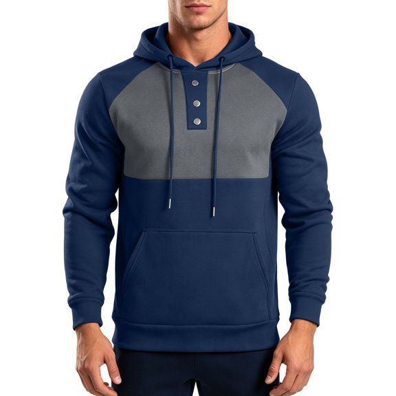 Mifsaly Mens Hoodies Color Block Buttons Henley Hooded Sweatshirt with Pocket Spring Fall Daily Casual Athletic Hoodies Navy,M
