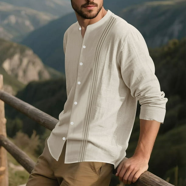 pstuiky Camisas de invierno de manga larga para hombre, Blusa/camiseta informal a rayas de manga larga con cuello alto y botones para hombre camisetas de hombre s