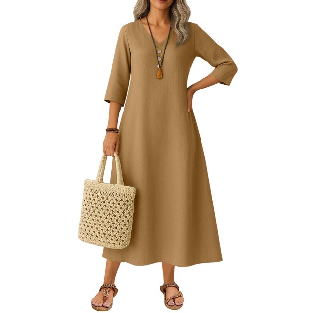Robe Tailleur pour Femme Robe pour Femmes Longue Robe Bohème de Plage Élégante Robe Maxi Robe à Col en V Robe à Manches 3/4 Brun Clair 2TG