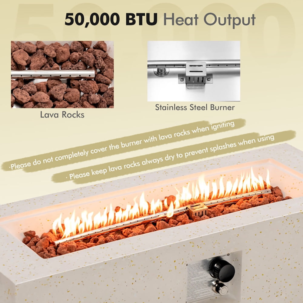 Barara King Fire Pit,Firebowl,42 Inch 50 000 BTU Rectangle Terrazzo Fire Pit Table with PVC Cover-White