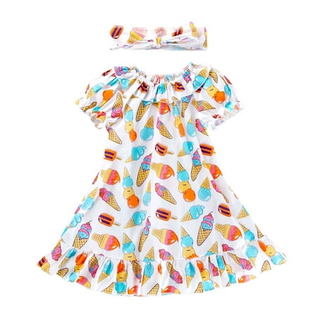 

GWAABD Girls Spring Outfit Multicolor Cotton Blend Toddler Baby Kids Girls Ruched Ice Cream Candy Print Dress Casual Clothes 110