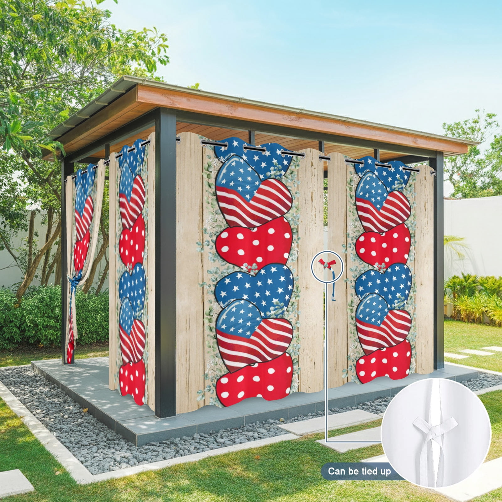 Independence Day Outdoor Curtains for Patio, Hearts American Flag Eucalyptus Leaves Sunshade Privacy Drapes Grommet Waterproof Outside Curtains for Porch/Cabana/Balcony 54"x 108", 1 Panel