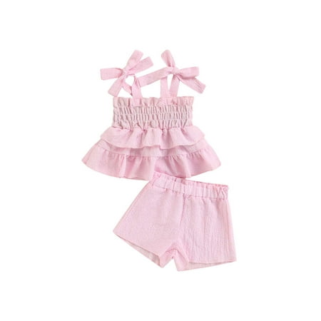 

Suanret Toddler Kids Girls Summer Streetwear Ruffled Trim Plaid Print Bandage Sleeveless Tops Shorts Set Pink 18-24 Months