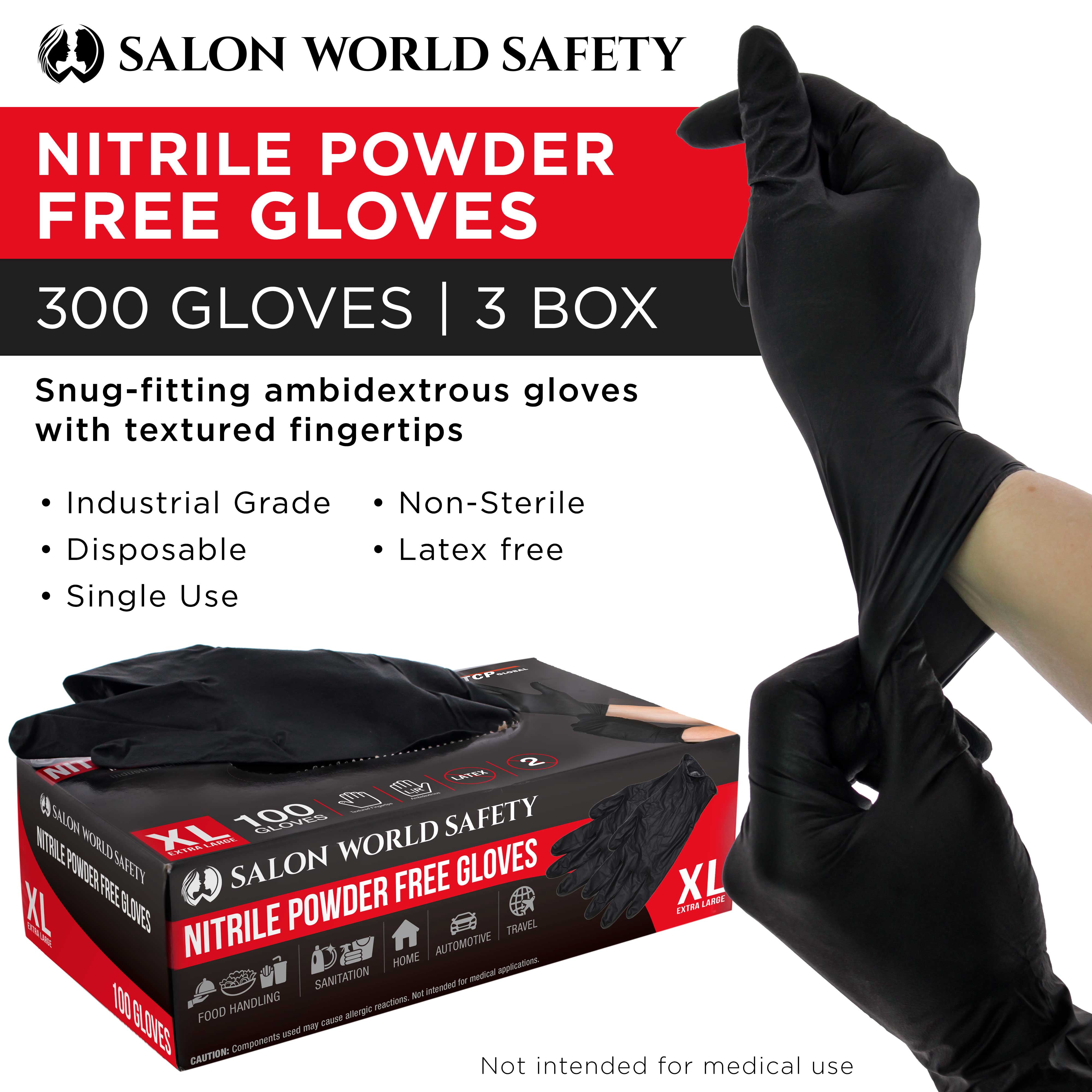 Salon World Safety Black Nitrile Disposable Gloves, 3 Boxes of 100, Size X-Large, 4 Mil Thick - Latex Free, Powder Free, Textured Tips, Food Safe, Comfortable, Extra-Strong Protective Working Gloves