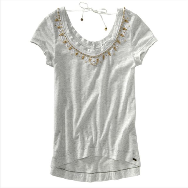 Aeropostale Camiseta gráfica con cuentas y cuello en V para mujer, gris, grande