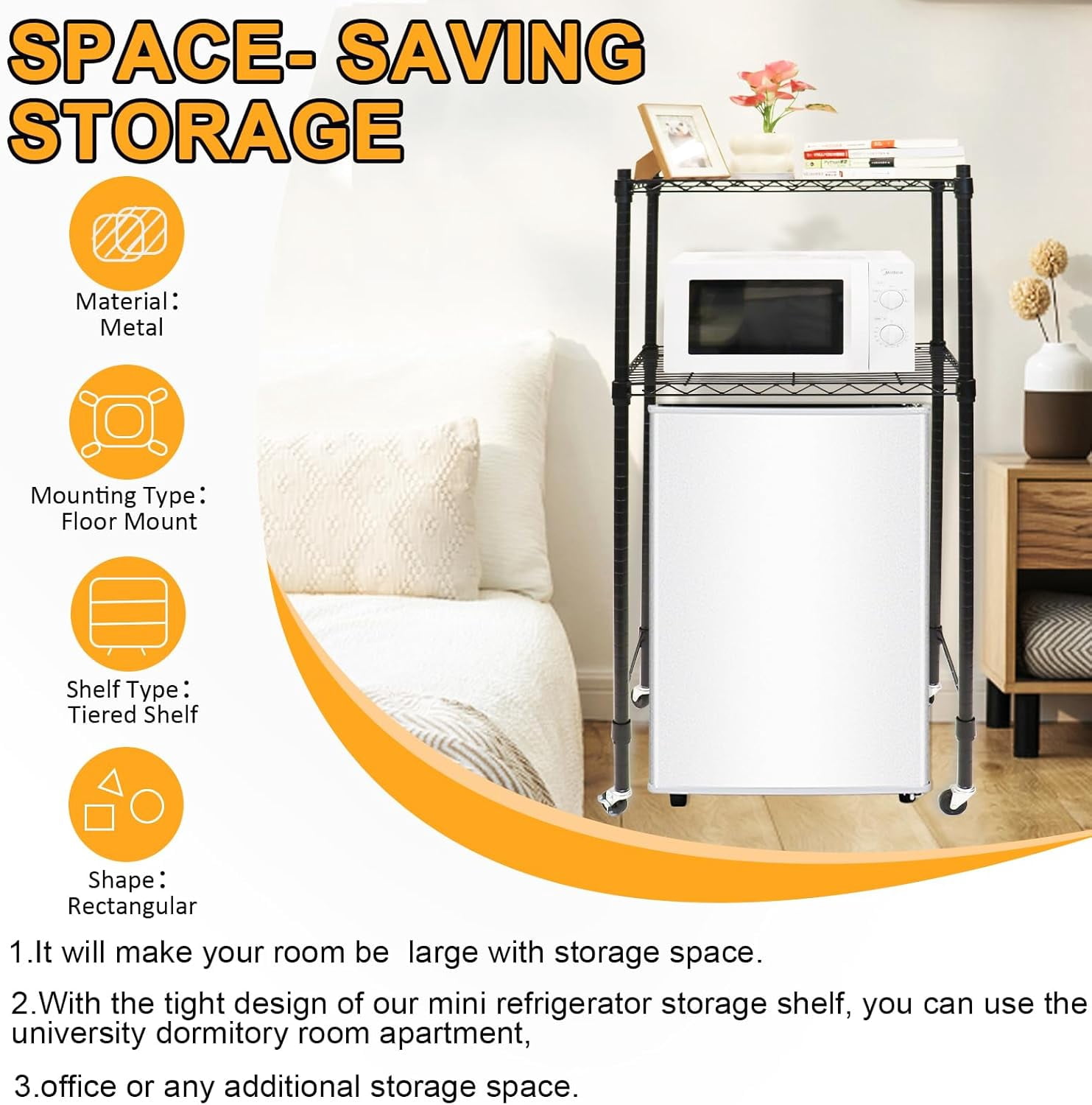 2 Tier  Fridge Shelf with Wheels, Adjustable Over Refrigerator Storage Stand for Dorms and Kitchens