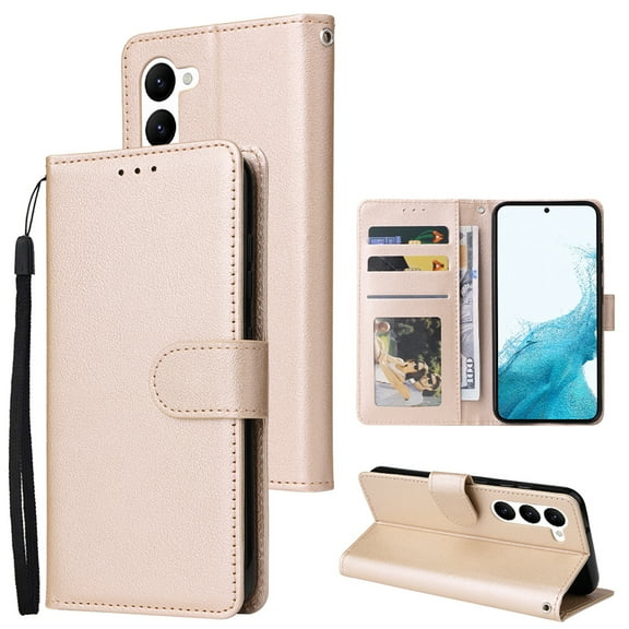 Nalacover for Samsung Galaxy S23 Plus Wallet Case with Premium PU Leather Card Slots Holder Photograph Slot Cover, Soft Silicone Shockproof Magnetic Clasp Kickstand Wrist Strap Flip Case, Gold