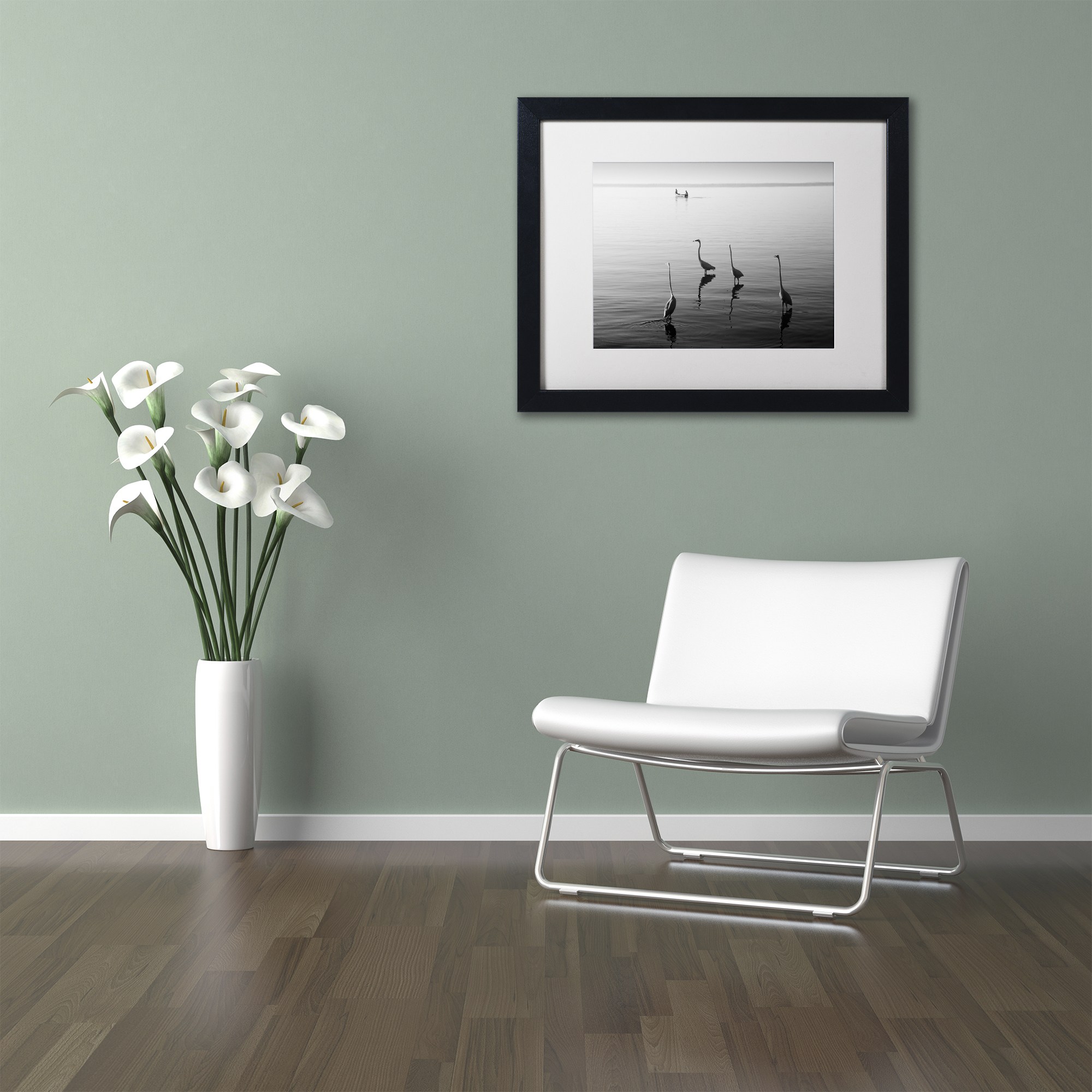 Trademark Fine Art "4 Herons and Boat" Canvas Art by Moises Levy White Matte, Black Frame