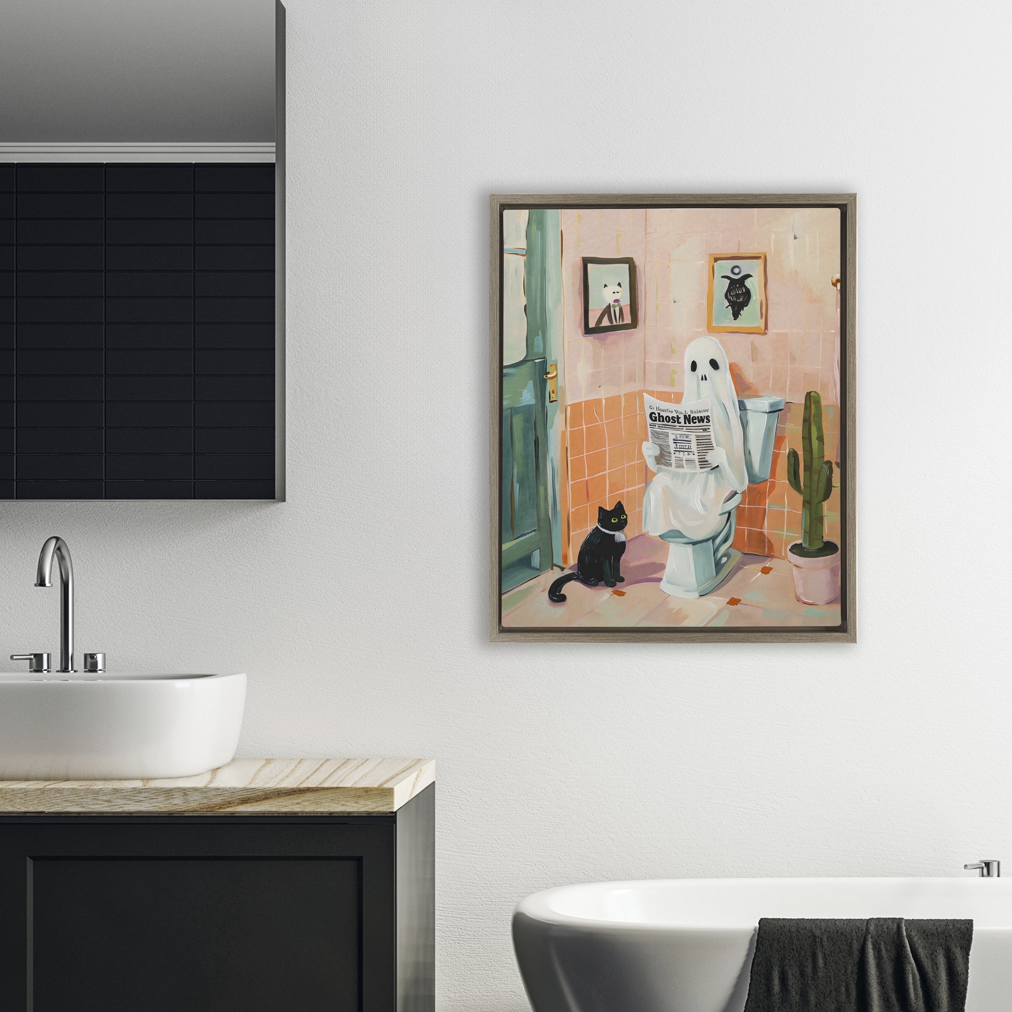 Stupell Industries Ghost Reading Newspaper Brown Framed Floater Canvas Wall Art, design by The Prints Vibe