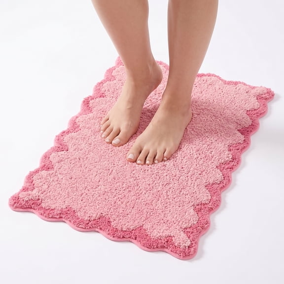 Pink Scalloped Bath Mat 20"x32", Cute Soft Absorbent Non Slip Bathroom Rug