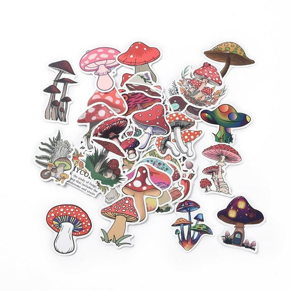 50Pcs Cartoon Mushroom Paper Sticker Label Set Adhesive Label Stickers for Suitcase & Skateboard & Refigerator Decor Pink 56~74x29~62x0.3mm