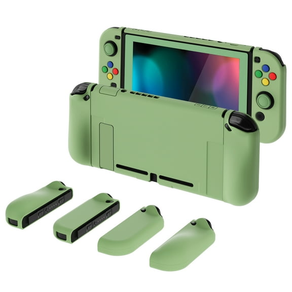 PlayVital AlterGrips Dockable Protective Case Ergonomic Grip Cover for Nintendo Switch, Interchangeable Joycon Cover w/Screen Protector & Thumb Grip Caps & Button Caps - Matcha Green