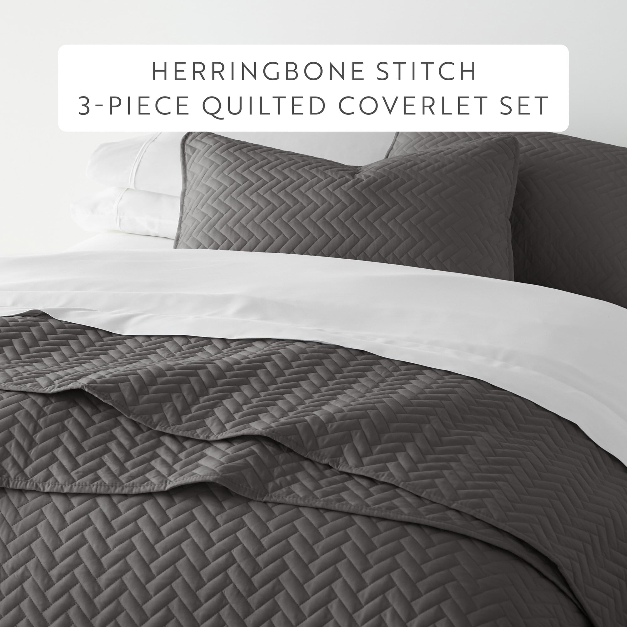 Noble Linens Gray Herringbone Pattern Quilted Coverlet, King / CalKing