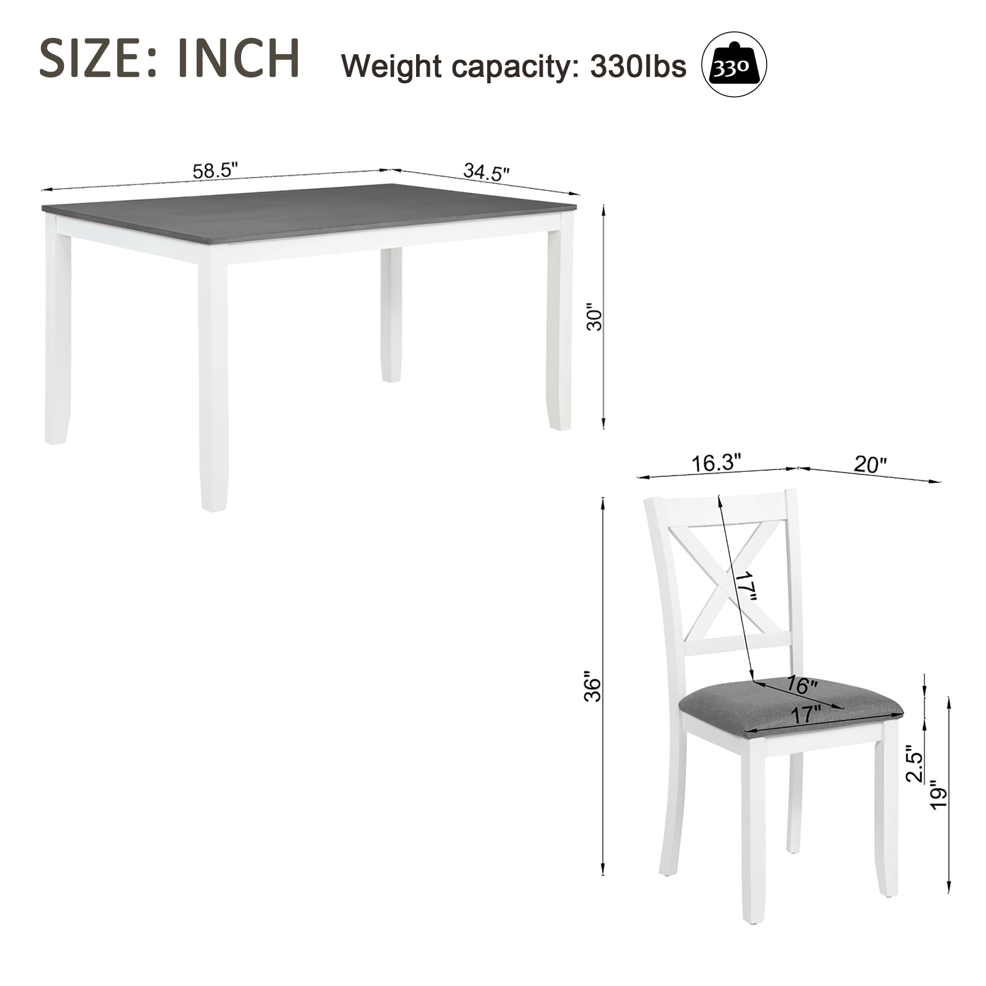7 Piece Dining Set for 6, 58.5" Rectangular Dining Table with 6 Upholstered Chairs