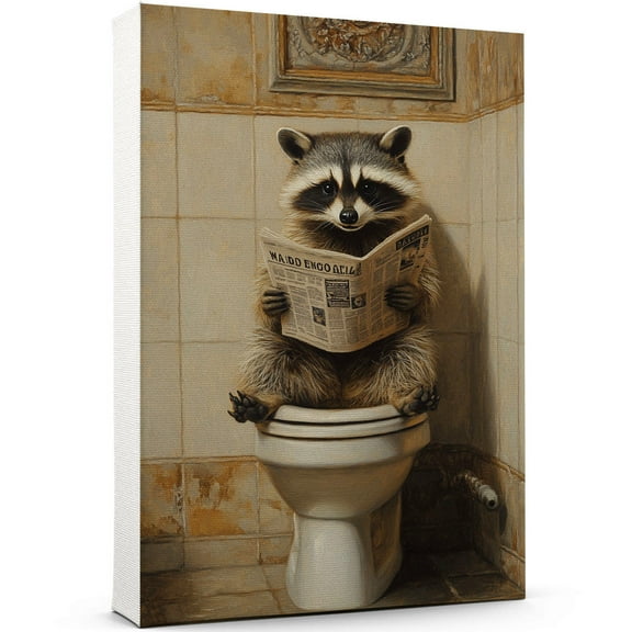 Funny Bathroom Wall Art - Raccoon Sitting On The Toilet Reading Newspaper Poster Print, Animal Canvas Decor Pictures Decorations 1270CA13