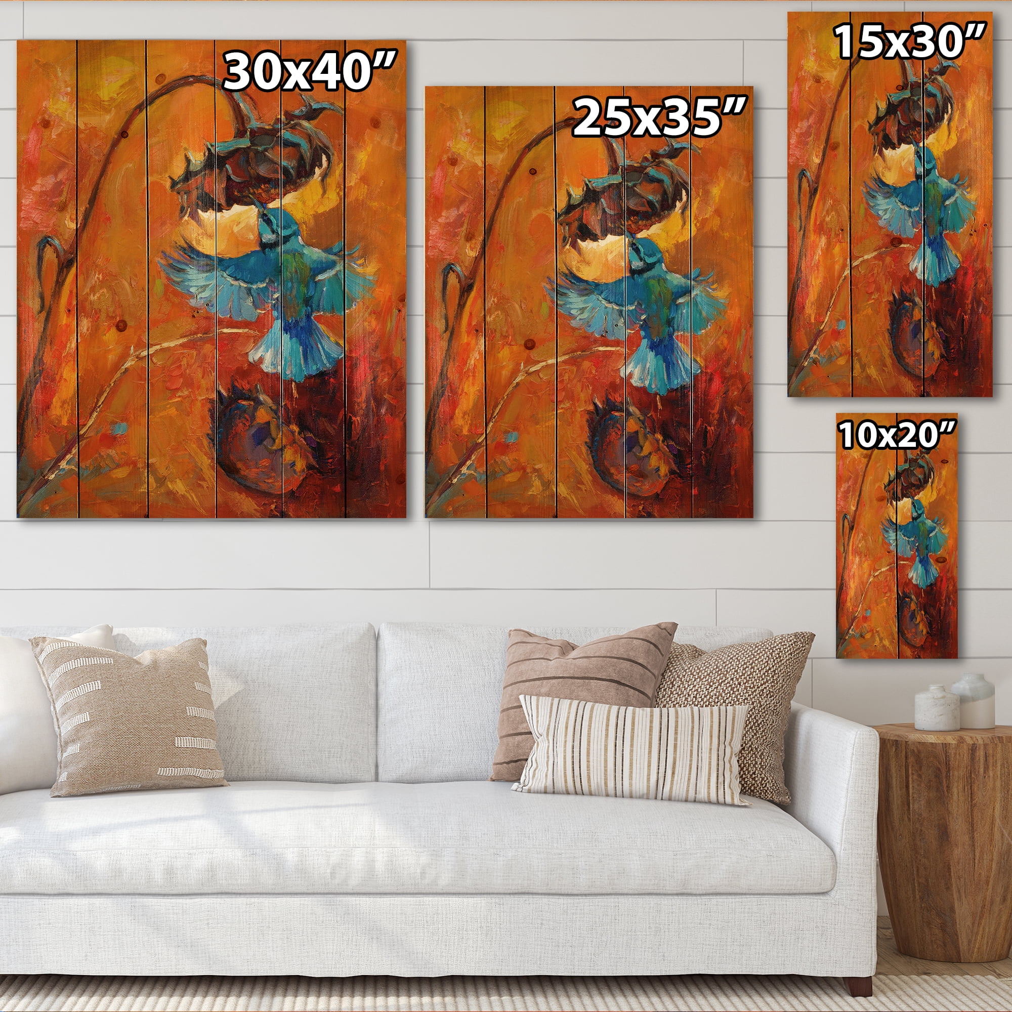 Designart 'Blue Hummingbird On Orange Sunflower' Traditional Print on Natural Pine Wood