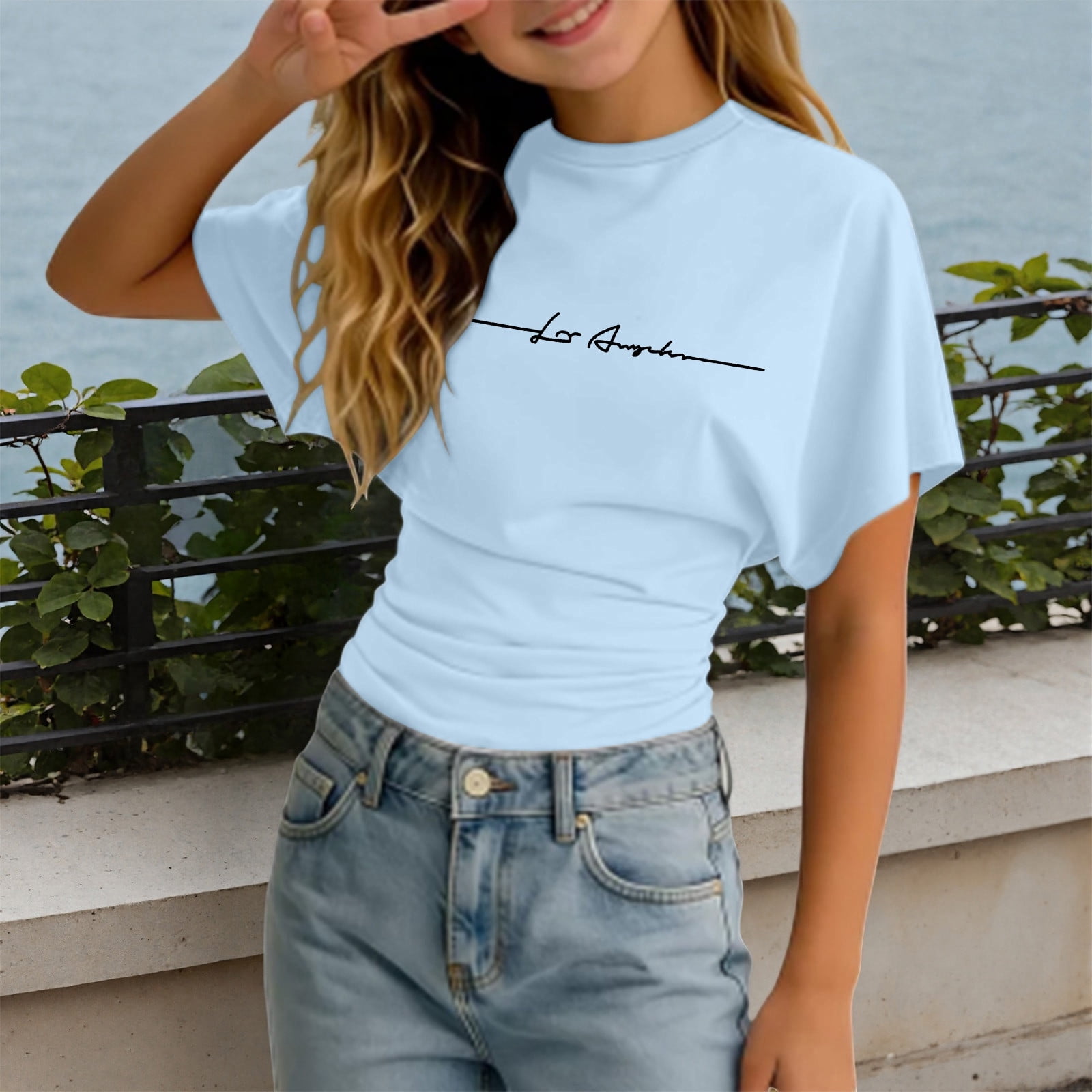 ZHOGXU Kids Girls Summer T Shirt Short Sleeve Round Neck Graphic Print Waist Tie Detail Fashion Tee Top For Casual Daily Wear Light Blue 3-4 Years