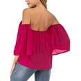thumbnail image 6 of LELINTA Women Off the Shoulder Blouse Boho T-Shirts 3/4 Bell Sleeve Casual Chiffon Loose Tops Strapless Shirt, Black/ Red, 6 of 8