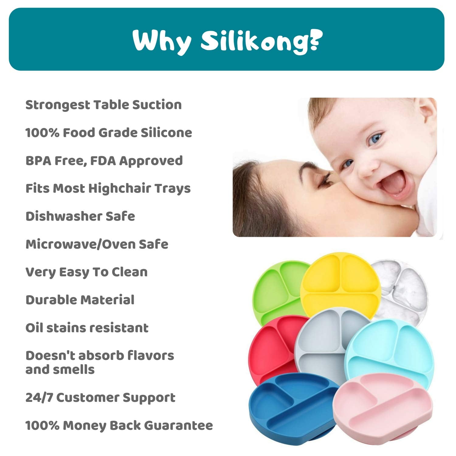 Self Feeding Training Divided Plate Dish and Bowl for Baby and Toddler Silicone Suction Plate for Toddlers BPA Free Microwave Dishwasher Safe Fits for Most Highchairs Trays
