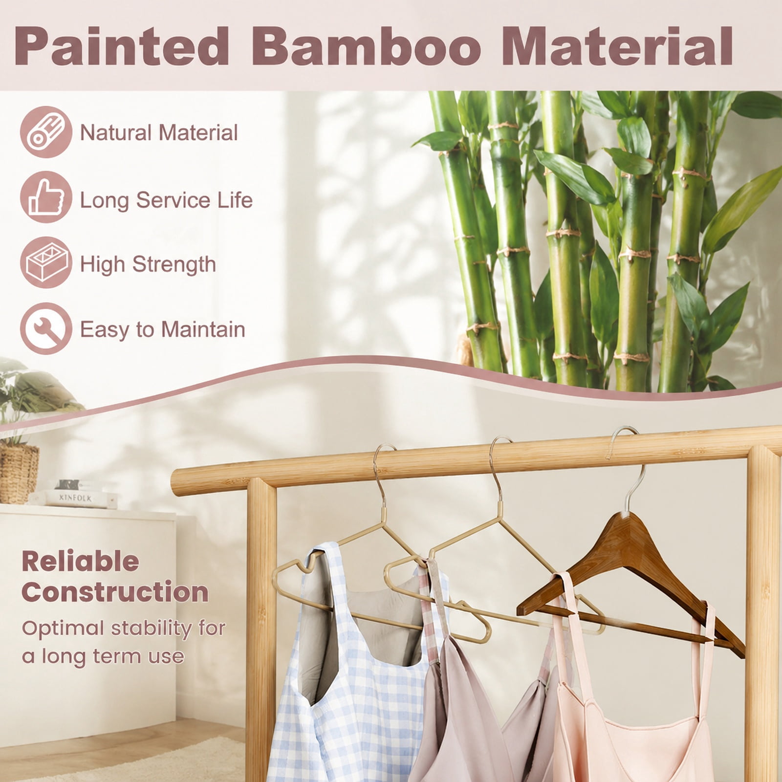 Furnibear Bamboo Clothes Rack with Wheels Woven Rattan Storage Basket and Hanging Rod Rolling Garment Rack for Bedroom and Entryway, Natural