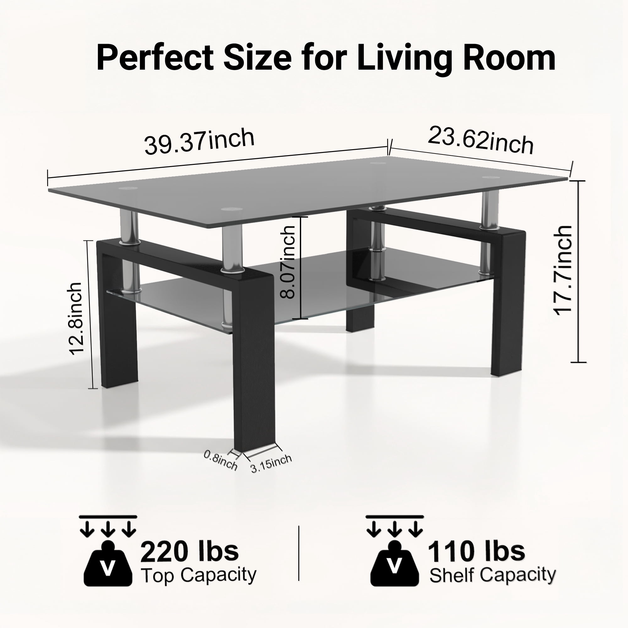 Glass Coffee Table with Lower Shelf, Holaki Modern Rectangular Tempered Glass Center Table with Metal Legs for Living Room, Black
