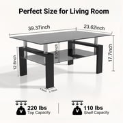 Glass Coffee Table with Lower Shelf, Holaki Modern Rectangular Tempered Glass Center Table with Metal Legs for Living Room, Black