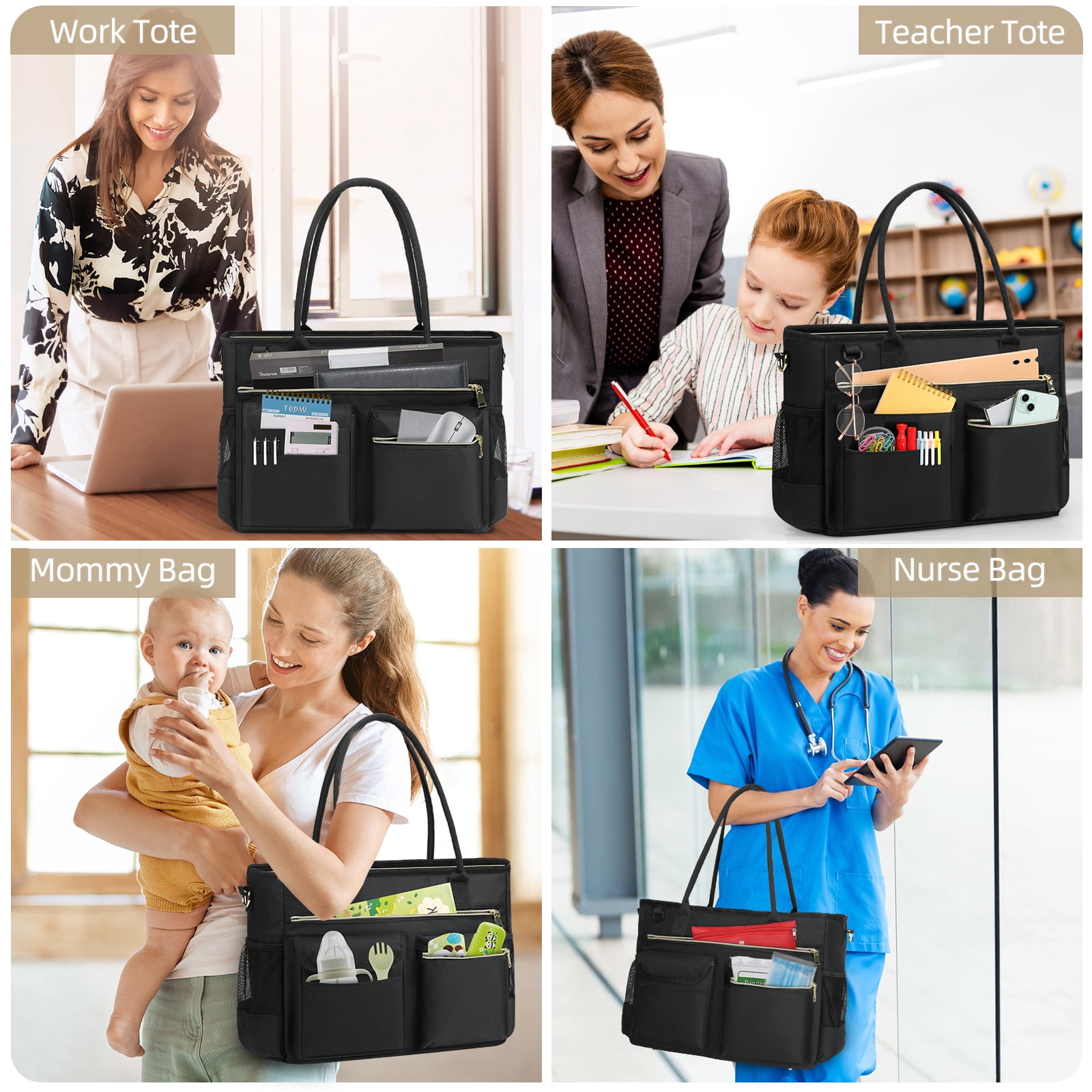 RAINSMORE Laptop Bag for Women 15.6 Inch Teacher Tote Bag Nurse Bag Laptop Tote Briefcase Messenger Shoulder Bags Large Handbag Business Office Work,Black