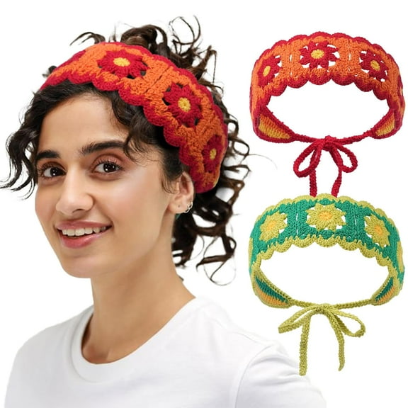 LinYooLi HAIRBAND for Women - Handmade Crochet Headband, Adjustable Hippie Hair Bandanas, Boho Headbands, Knit Hair Bands - 2 Count (Red, Green)