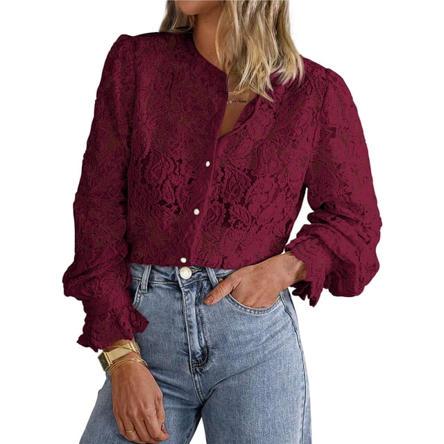 Blusa para Mujer PRETTYGARDEN de Encaje Manga Larga con Botones Vino Tinto Talla S