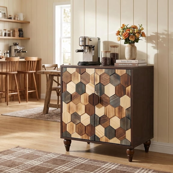 iooHug 30.31" Honeycomb Pattern Wooden Buffet Cabinet, 2 Door Sideboard with Storage for Coffee Bar, Living & Dining Room