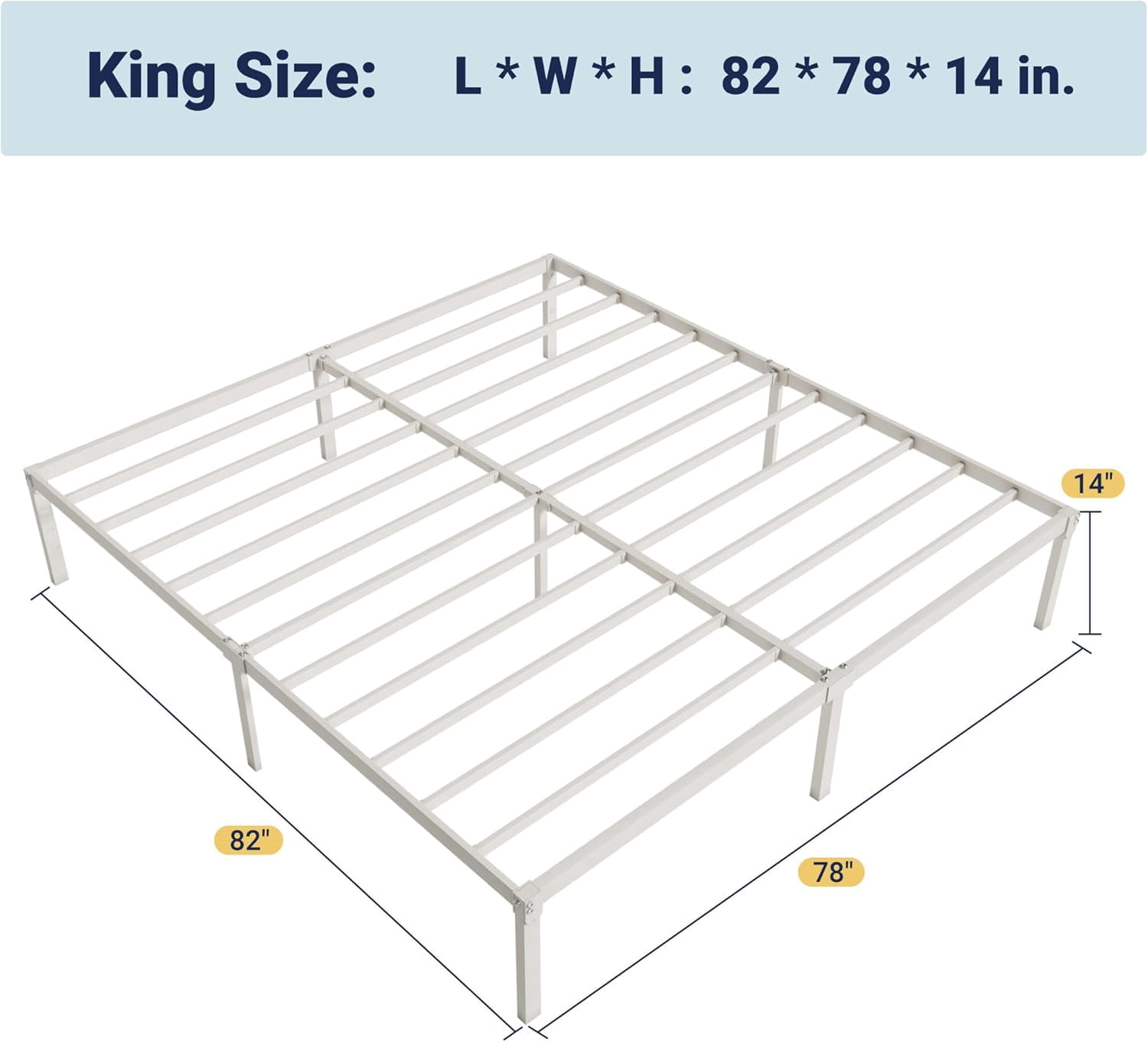 LUDYSHARE King Size Bed Frame, 14 inch Metal Platform Beds with Storage Space, No Box Spring Needed and Easy Assembly, White