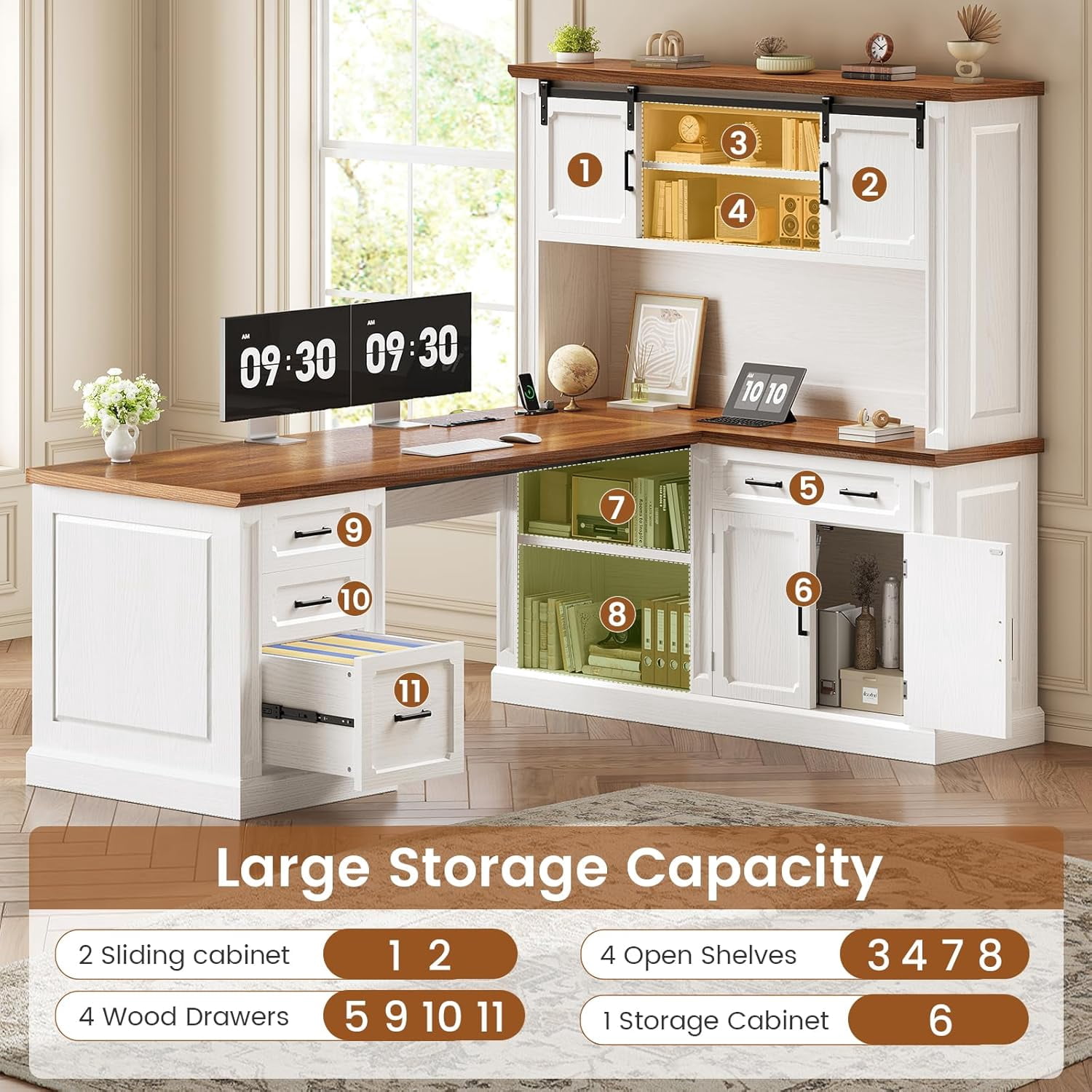 SEDETA 67" Farmhouse L Shaped Desk with Hutch, Executive Home Office Desks with 4 Drawers & Storage Cabinet, Corner Computer Desk with Sliding Doors, File Drawer & Power Outlet, White+Brown