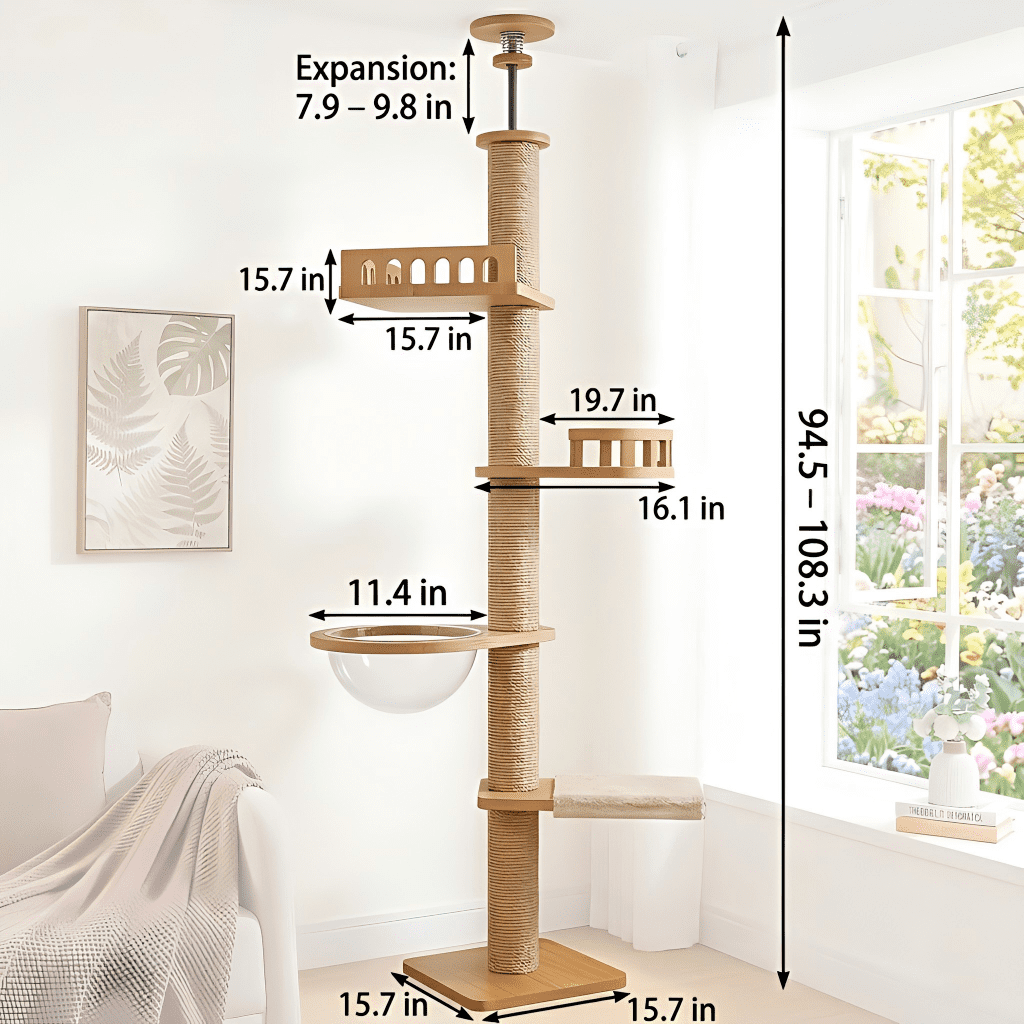 Mekidulu 9ft Floor to Ceiling Wood Cat Tree, 95"-108" Adjustable Height Tower with 4.3" Thick Posts, Brown