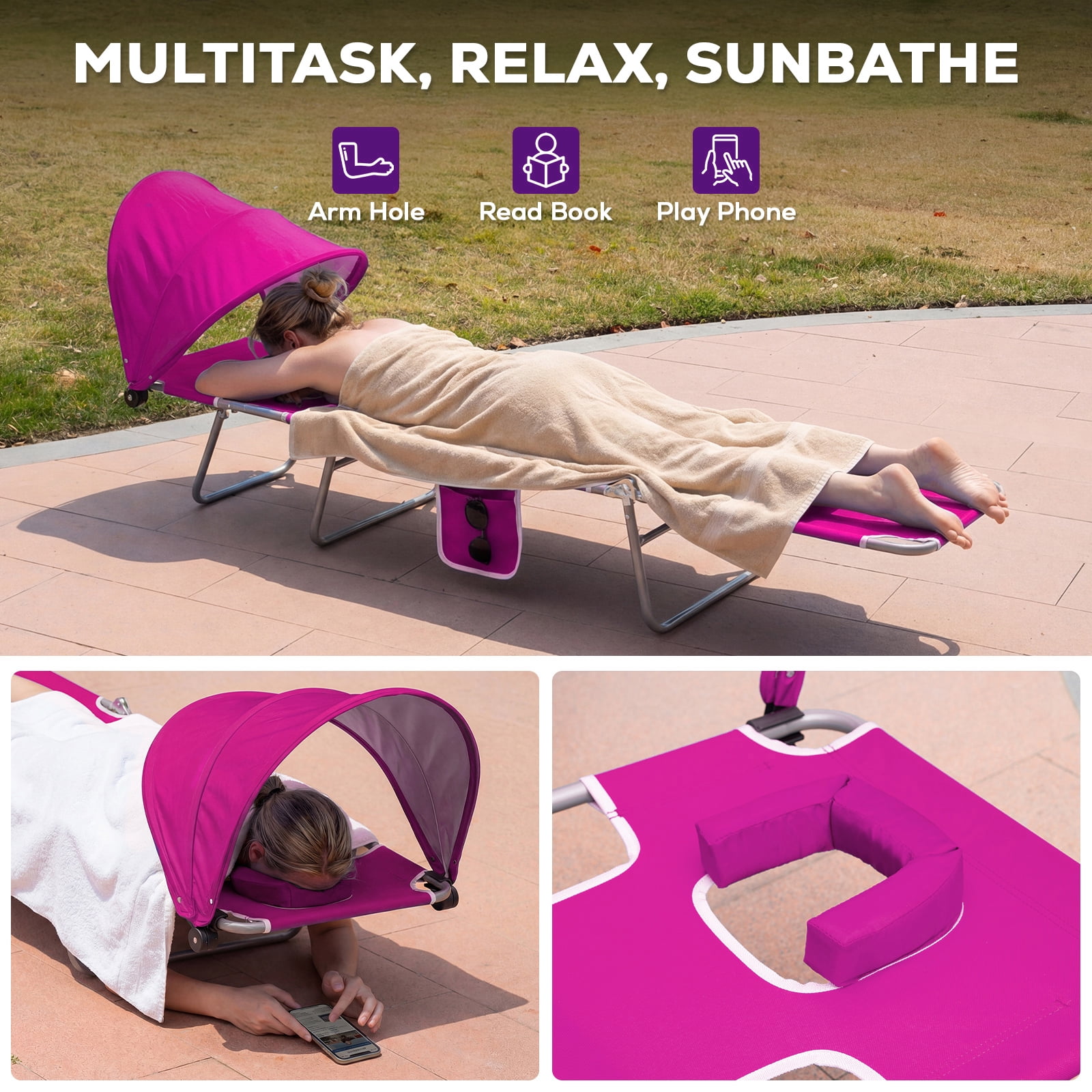 SUNSPIRE Folding Beach Lounge Chair with Face Hole Canopy Pillow Side Pocket, Portable Reclining Tanning Sun Lounger for Beach Pool Patio Pink
