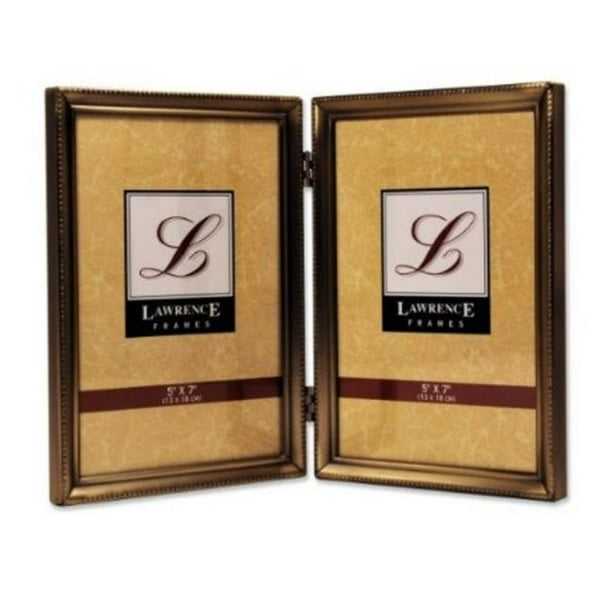 Antique Brass 5x7 Hinged Double Picture Frame Bead Border Design
