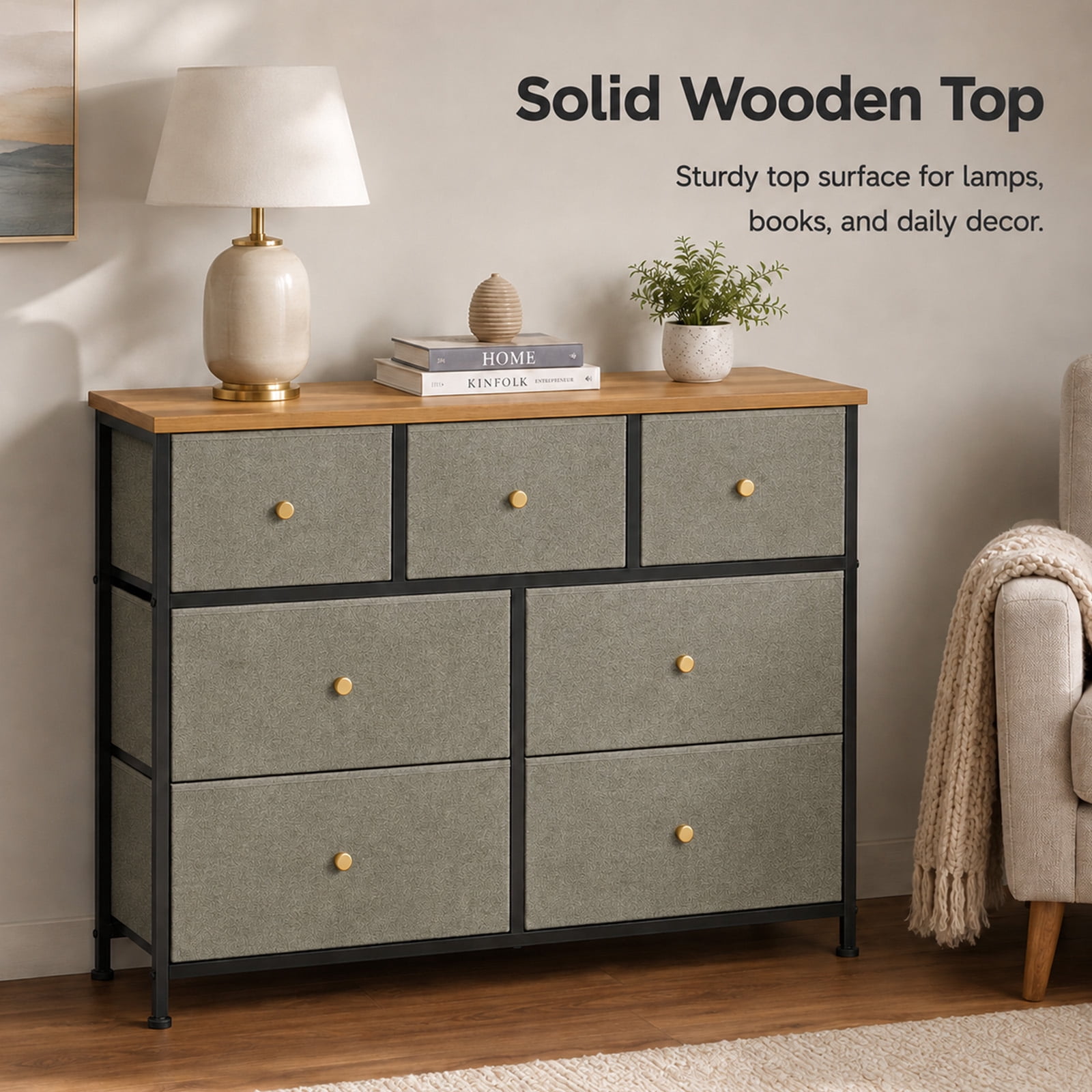Alvantor 5/7 Drawer Fabric Dresser, Storage Tower for Bedroom and Closet, Chest of Drawers with Sturdy Steel Frame & Wooden Top for Living Room, Entryway
