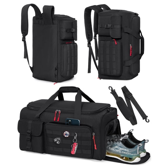 RAINSMORE Gym Bag for Men, 45L Sports Travel Duffel Bag with Shoe & Laptop Compartment, Gym Workout Backpack Carry On Weekender Bag Overnight Backpack for Travel, Black