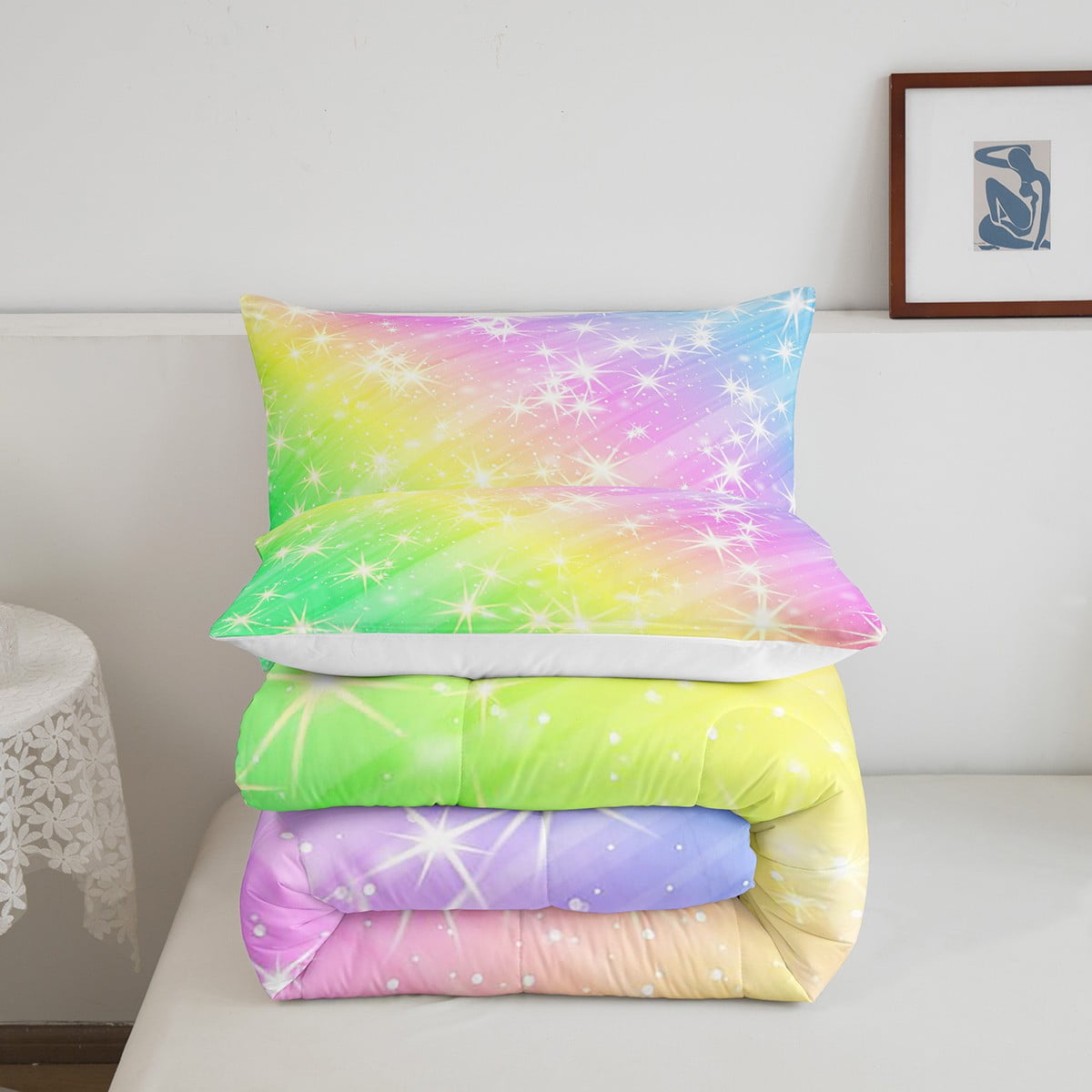 Girls Rainbow Bedding Comforter Sets 3 Piece Pastel Bedding Full Colorful Galaxy Duvet Insert Glowing Glitter Stars Decorations Quilted Comforter Yellow Green Blue Pink Quilt Dreaming Girly Room Decor...