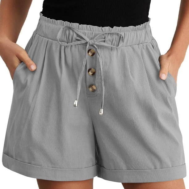 Pantalones Cortos de Piernas Anchas para Mujeres Lino de Color Sólido, Cintura Elástica Cómoda Longitud Regular