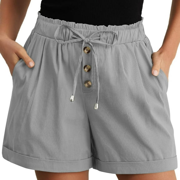 Kvture Shorts for Women Summer Trendy Drawstring Elastic Waist Beach Wide Leg Short with Pockets Gray XXL