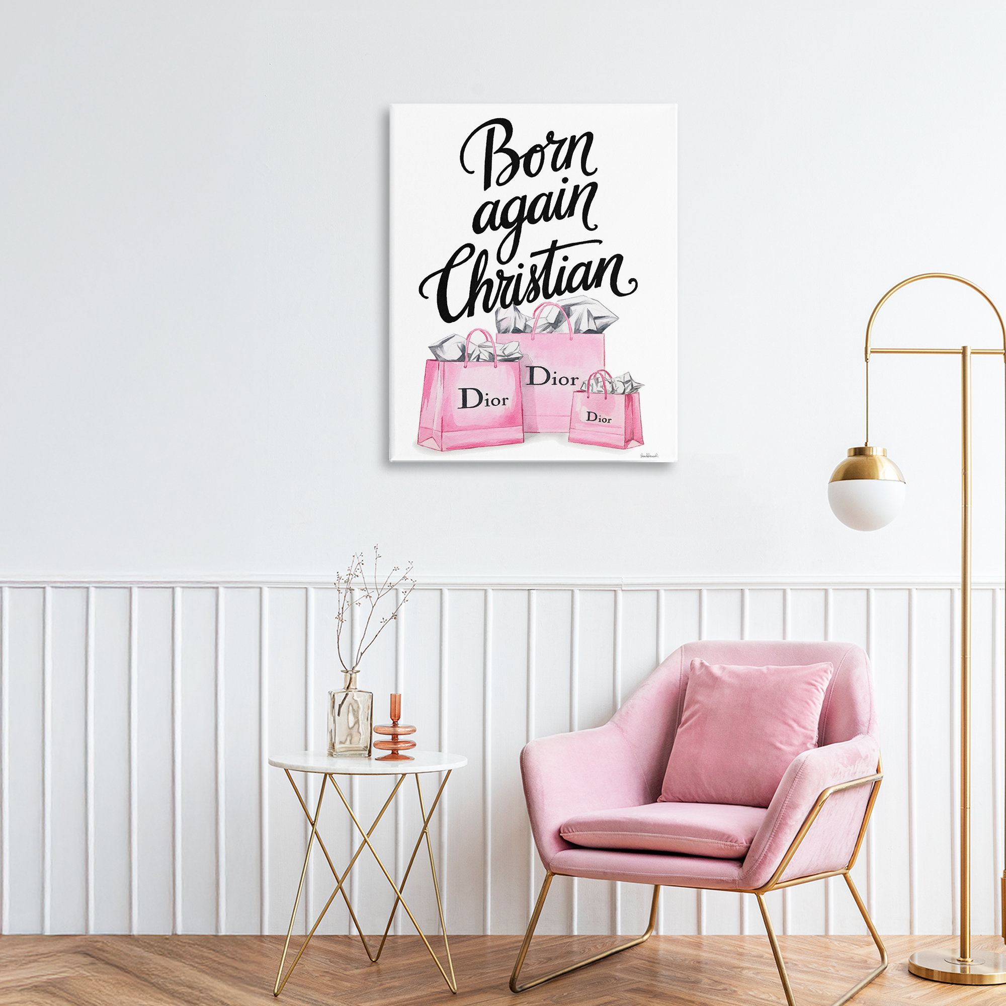 Pink Bags Born Again Christian Canvas Wall Art, design by Amanda Greenwood