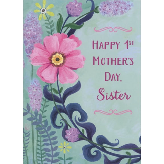 Designer Greetings Large Pink and Yellow Flower with Dark Blue Vine on Light Green Background 1st / First Mother's Day Card for Sister