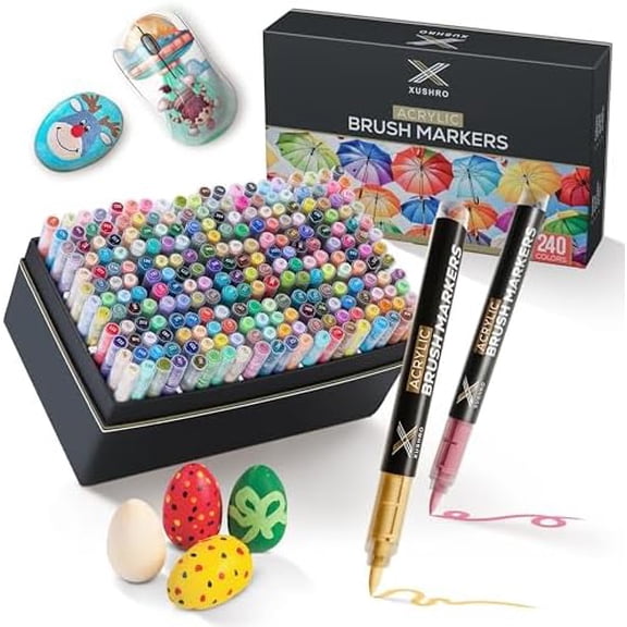 240 Colors Acrylic Paint Markers, Soft Brush Tip Pens with Automatic Ink Control System, Waterproof, Quick-Drying, Lightfast, for Rock Painting, Canvas, Wood, Egg & DIY Crafts Art Supplies
