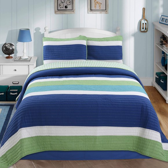 Cozy Line Home Fashions Waylon Navy Blue Green White Striped 100% Cotton Reversible Bedding Quilt Set, Coverlet Bedspread (Blue/Green, Queen - 3 Piece)