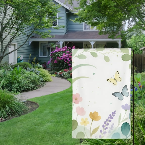 Spring Summer Garden Flag Double Sided Sage Green Leaf Floral Butterfly Welcome Yard House Outside Outdoor Decoration,12*18 inch