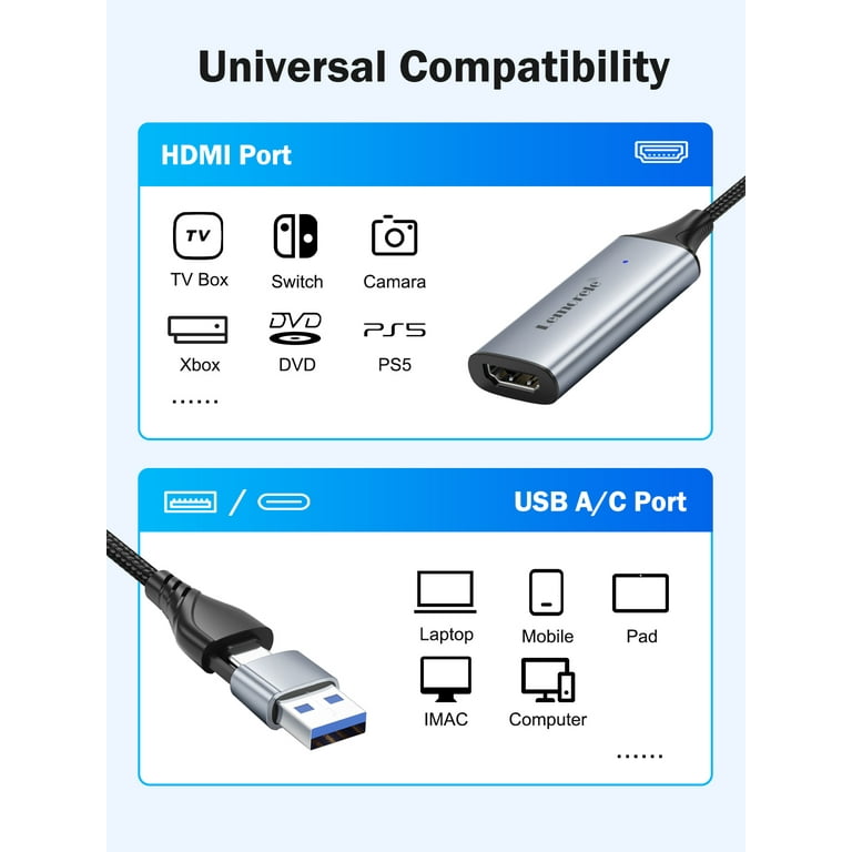 Lemorele 4K 1080P HDMI Video Capture Card with USB2.0/USB C, PC