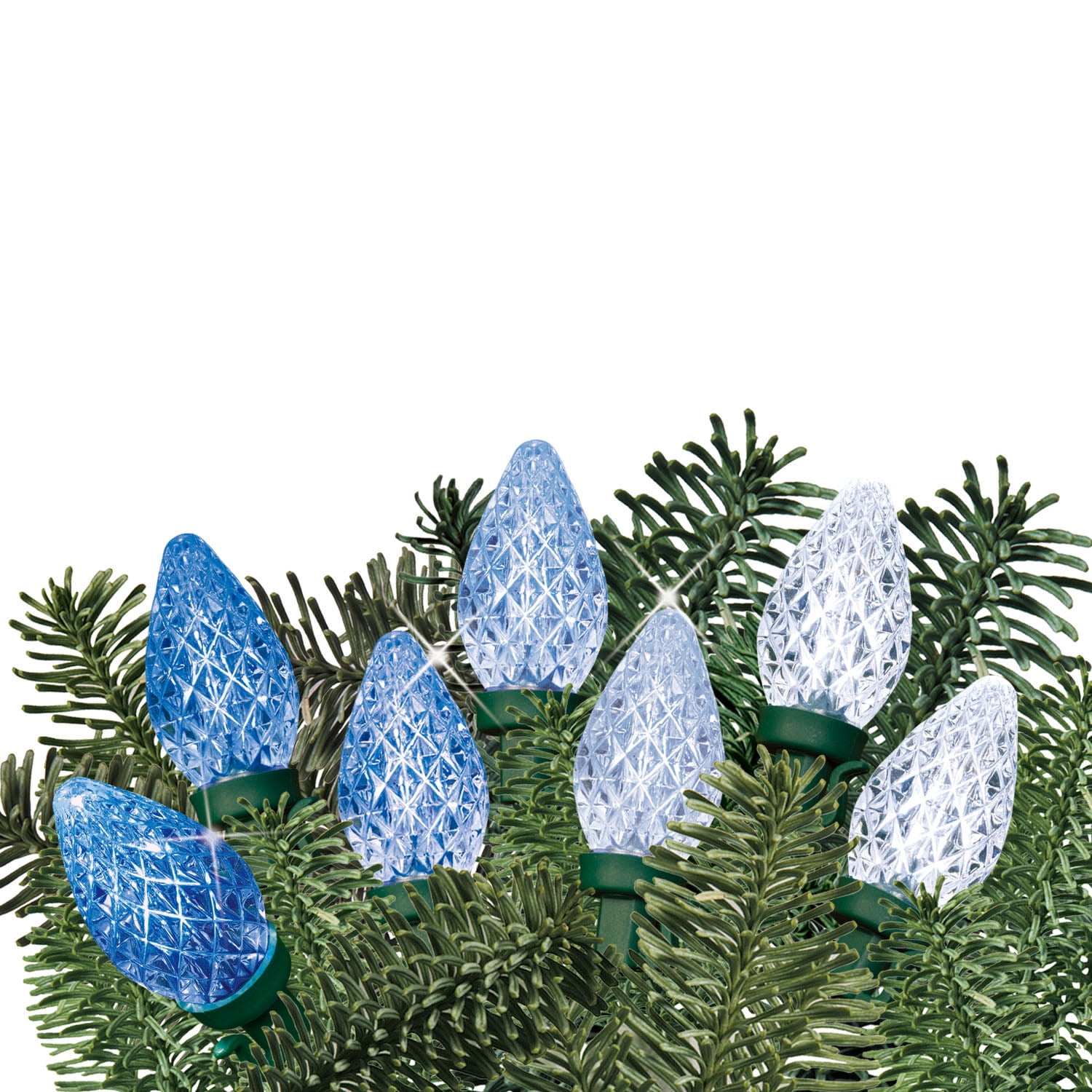 Holiday Time 50-Count LED Diamond-Cut C7 String Christmas Lights, Blue to Cool White, 6"(15.2 cm) bulb spacing